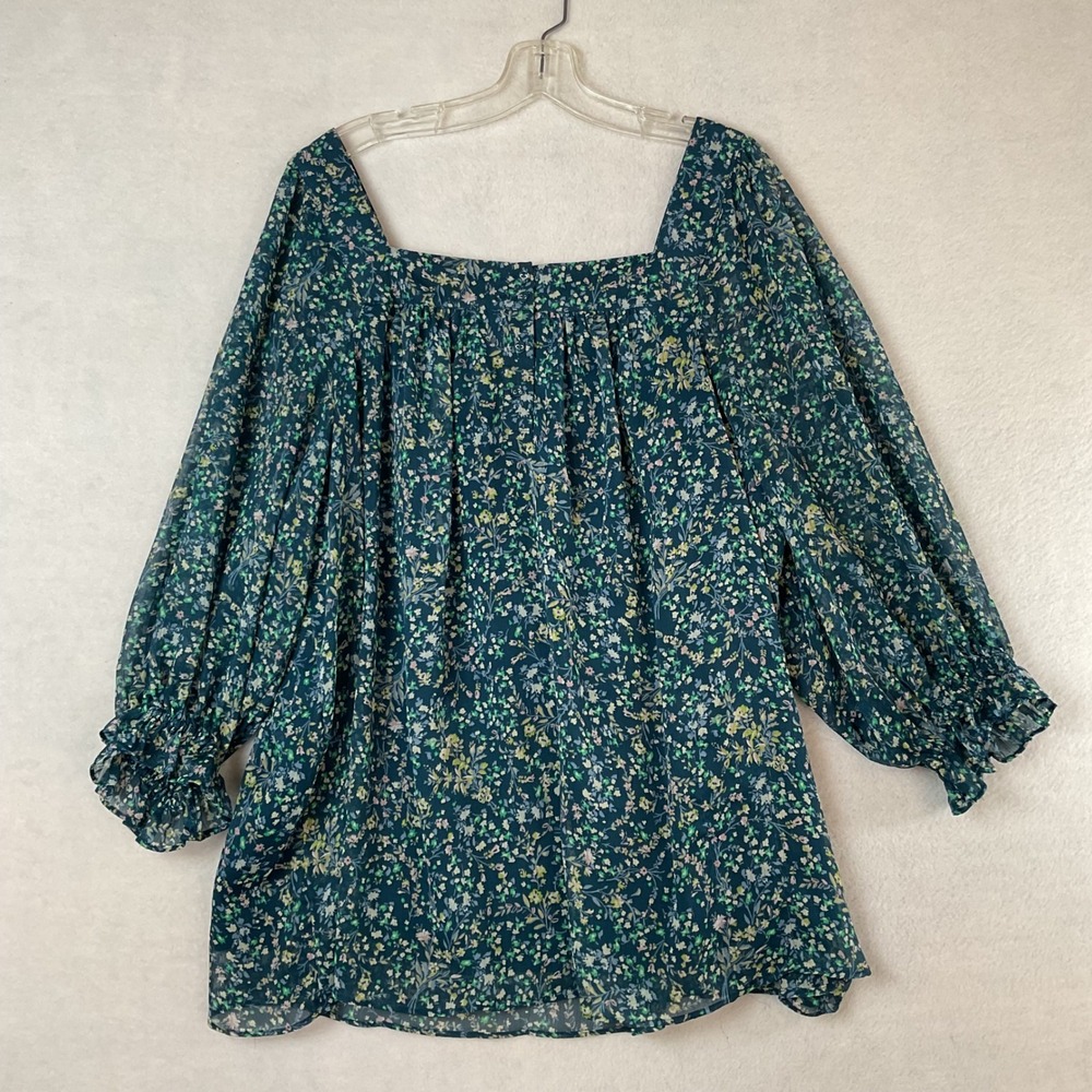 LC Lauren Conrad Floral Square Neck Balloon Sleeve Blouse Teal Green 2X